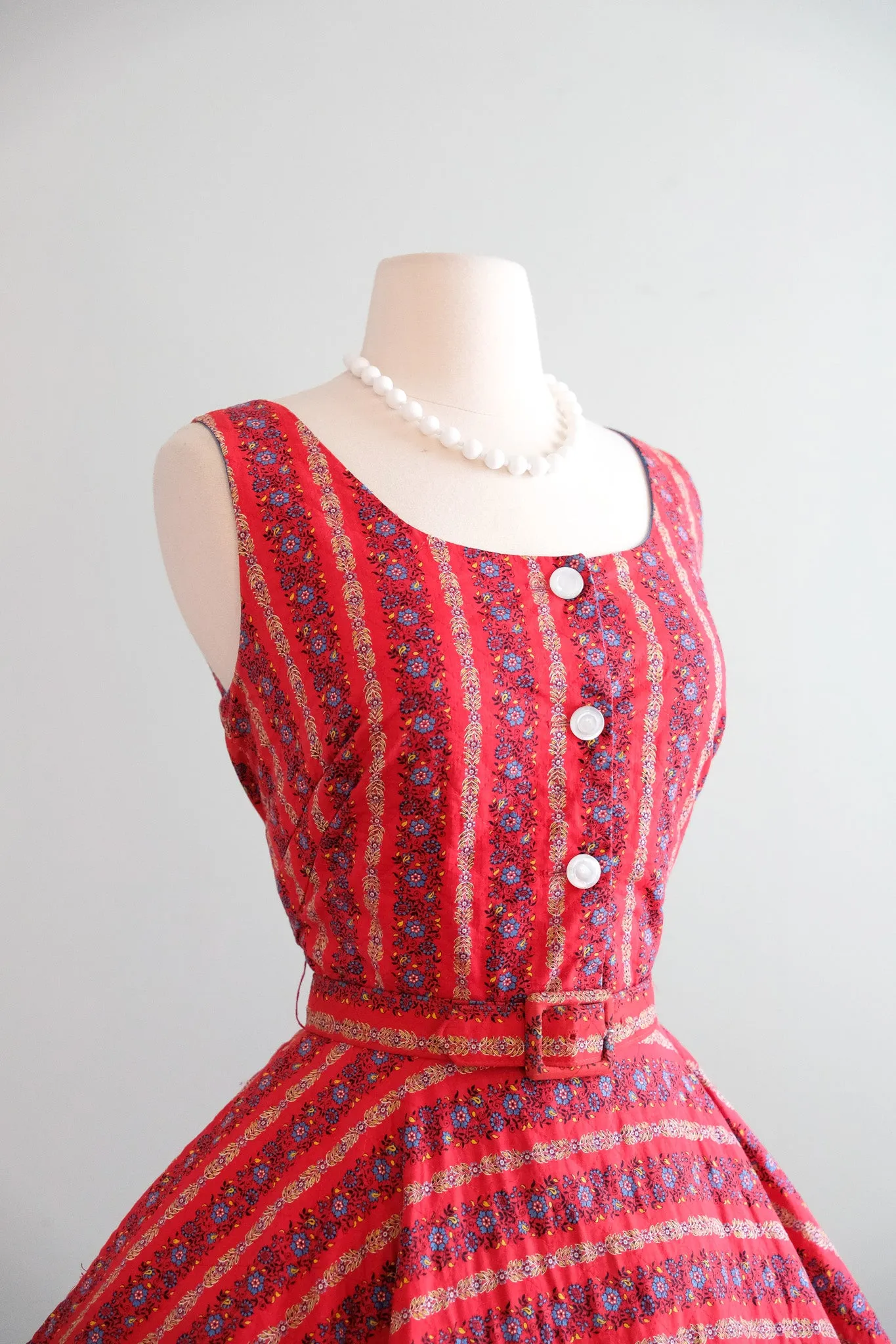 Adorable 1950's Red Quilted Floral Cotton Dress by Elaine Terry / M