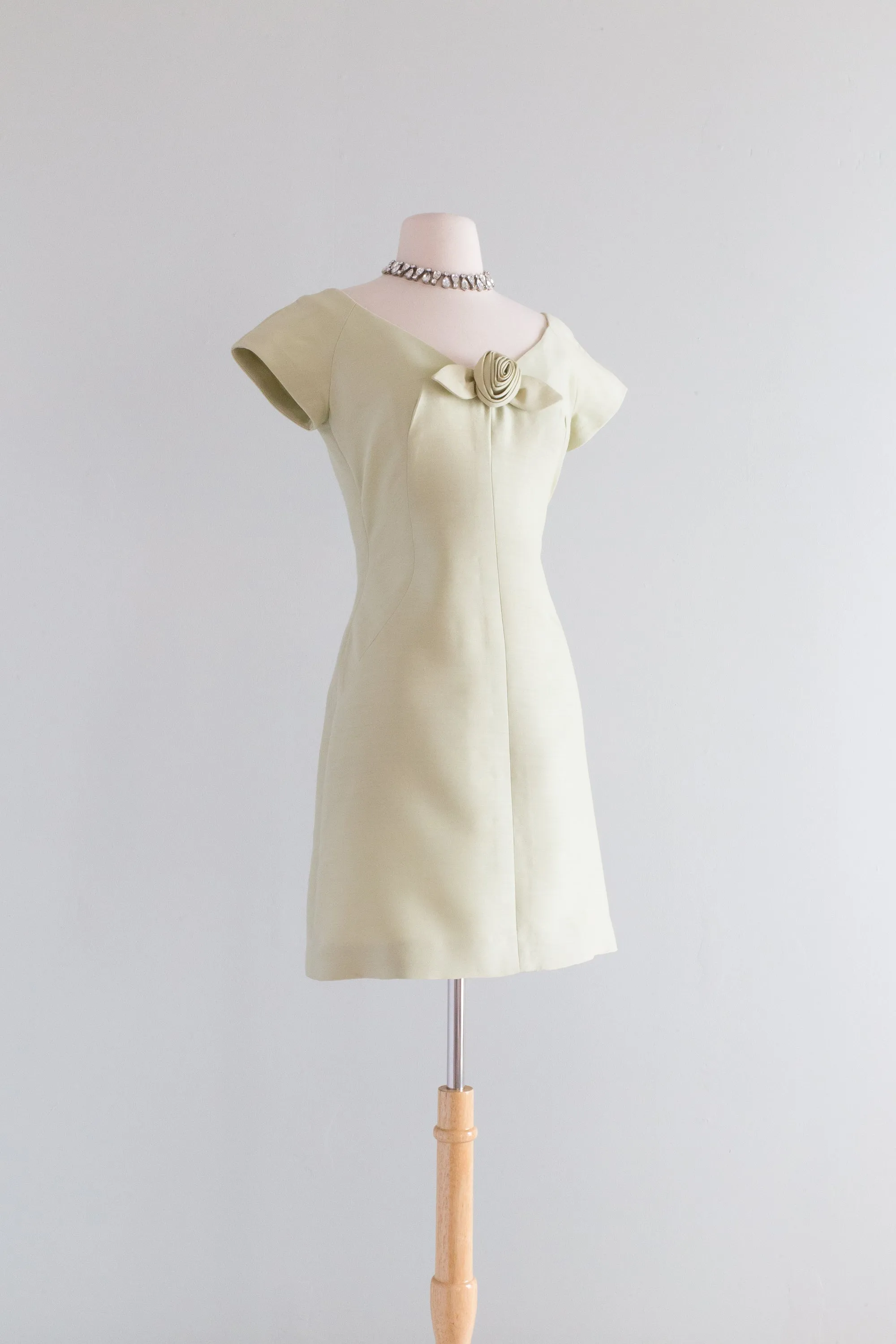 Adorable 1960's Pale Green Silk Cocktail Dress With Rosette / Petite Medium