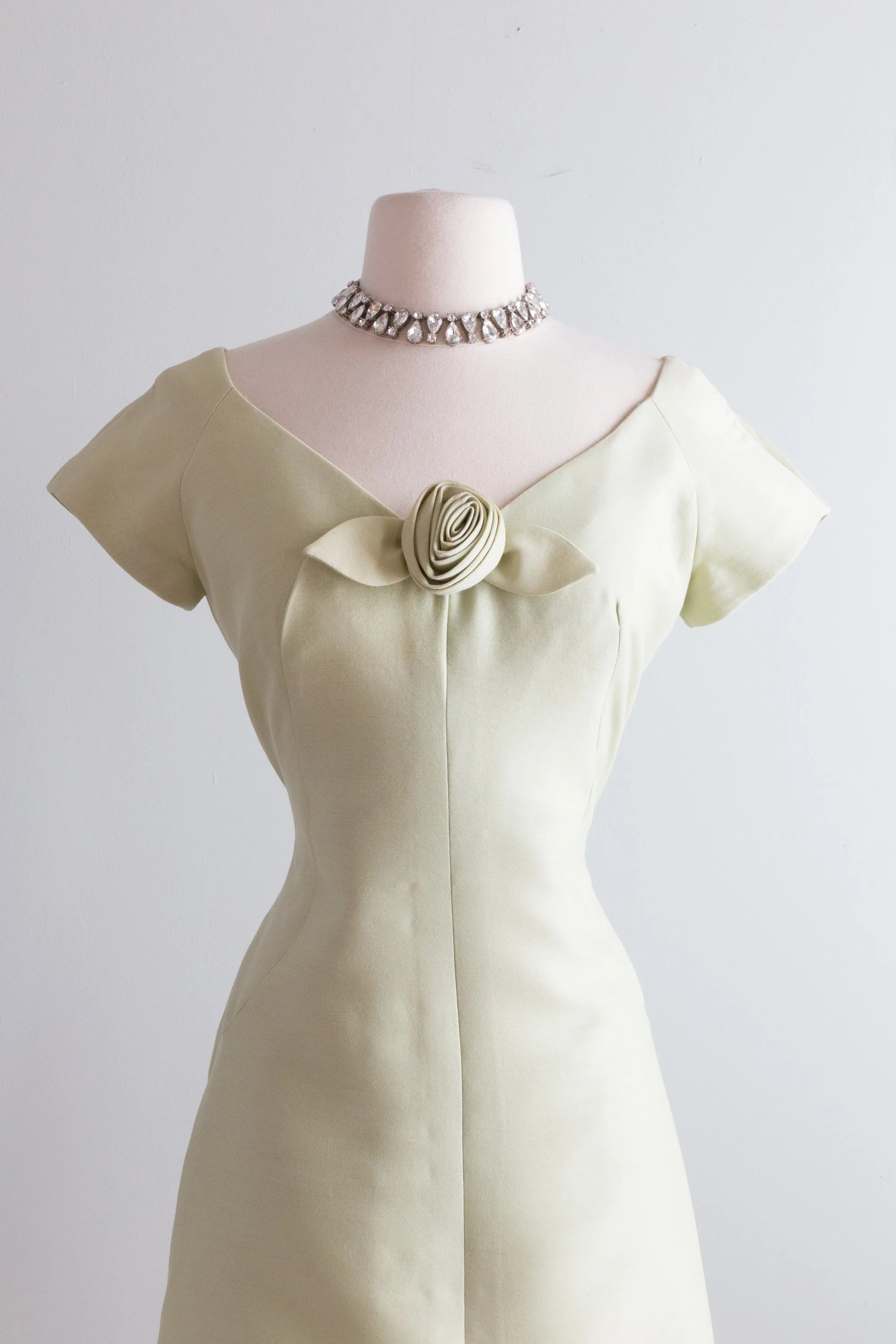 Adorable 1960's Pale Green Silk Cocktail Dress With Rosette / Petite Medium