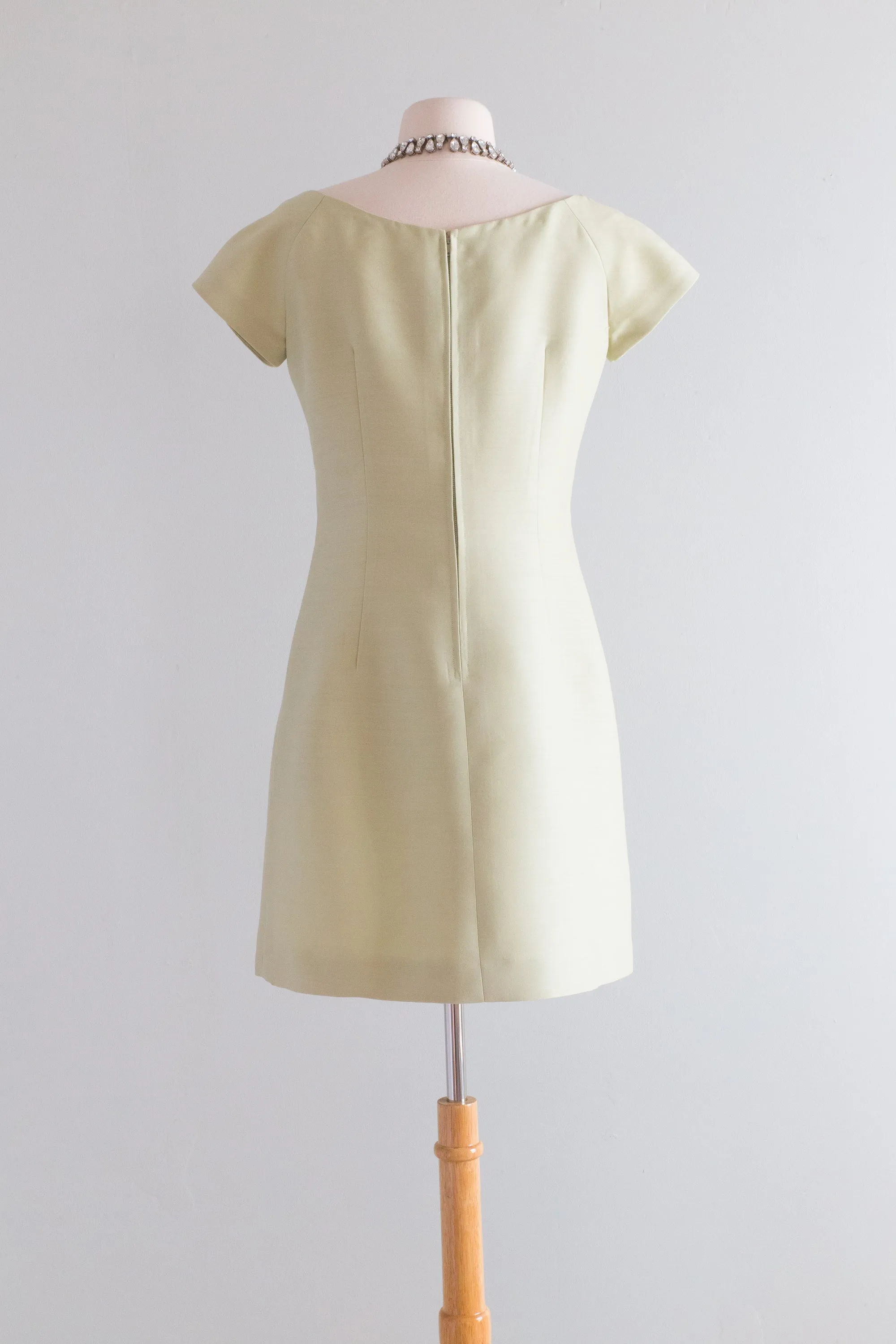 Adorable 1960's Pale Green Silk Cocktail Dress With Rosette / Petite Medium