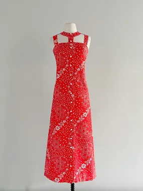 Amazing 1960's Tomato Red Daisy Print Dress with Cutout Neckline / Sz XS