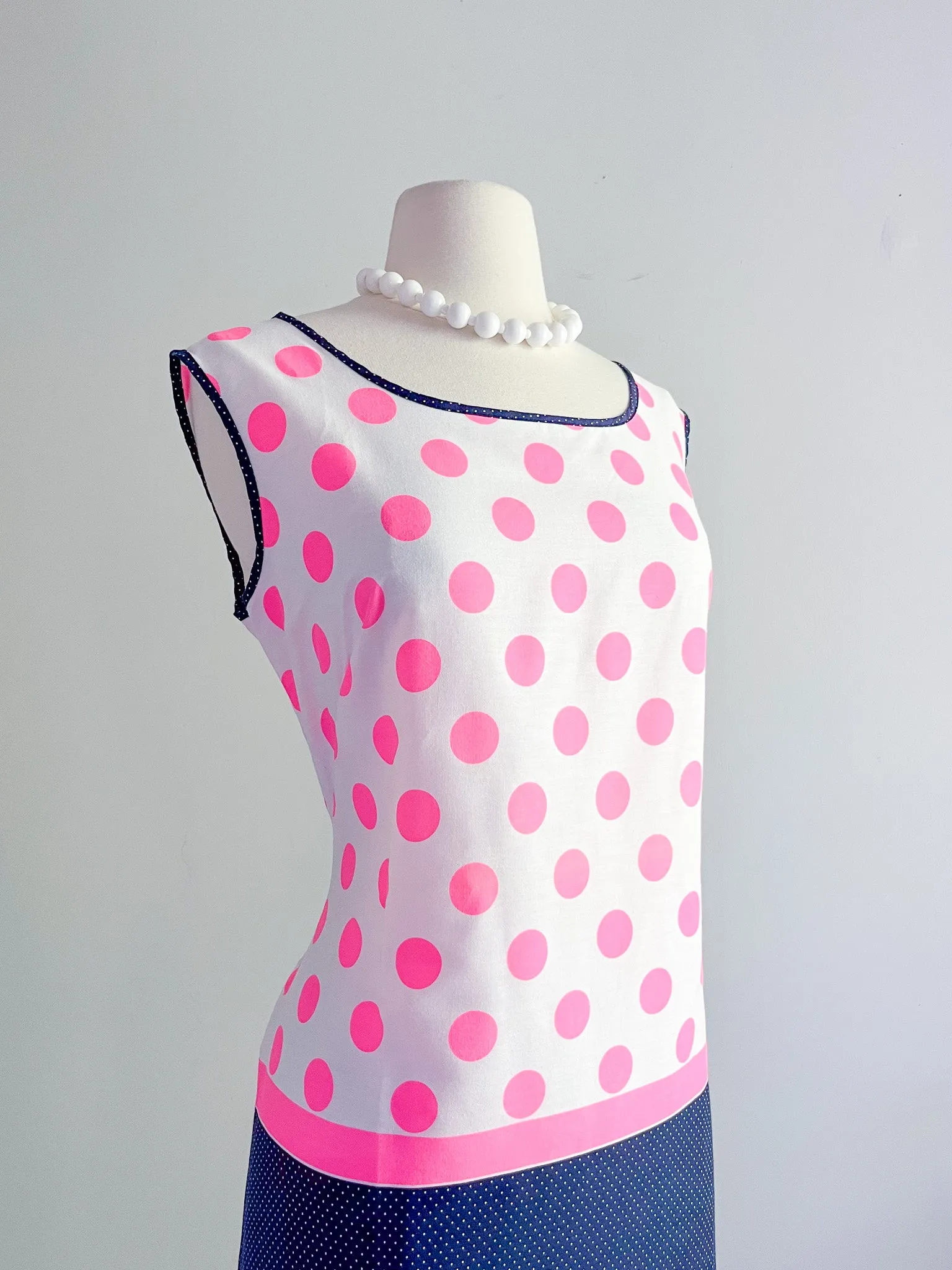 Amazing Hot Pink and Navy Polka Dot Cotton Shift Dress / Sz ML