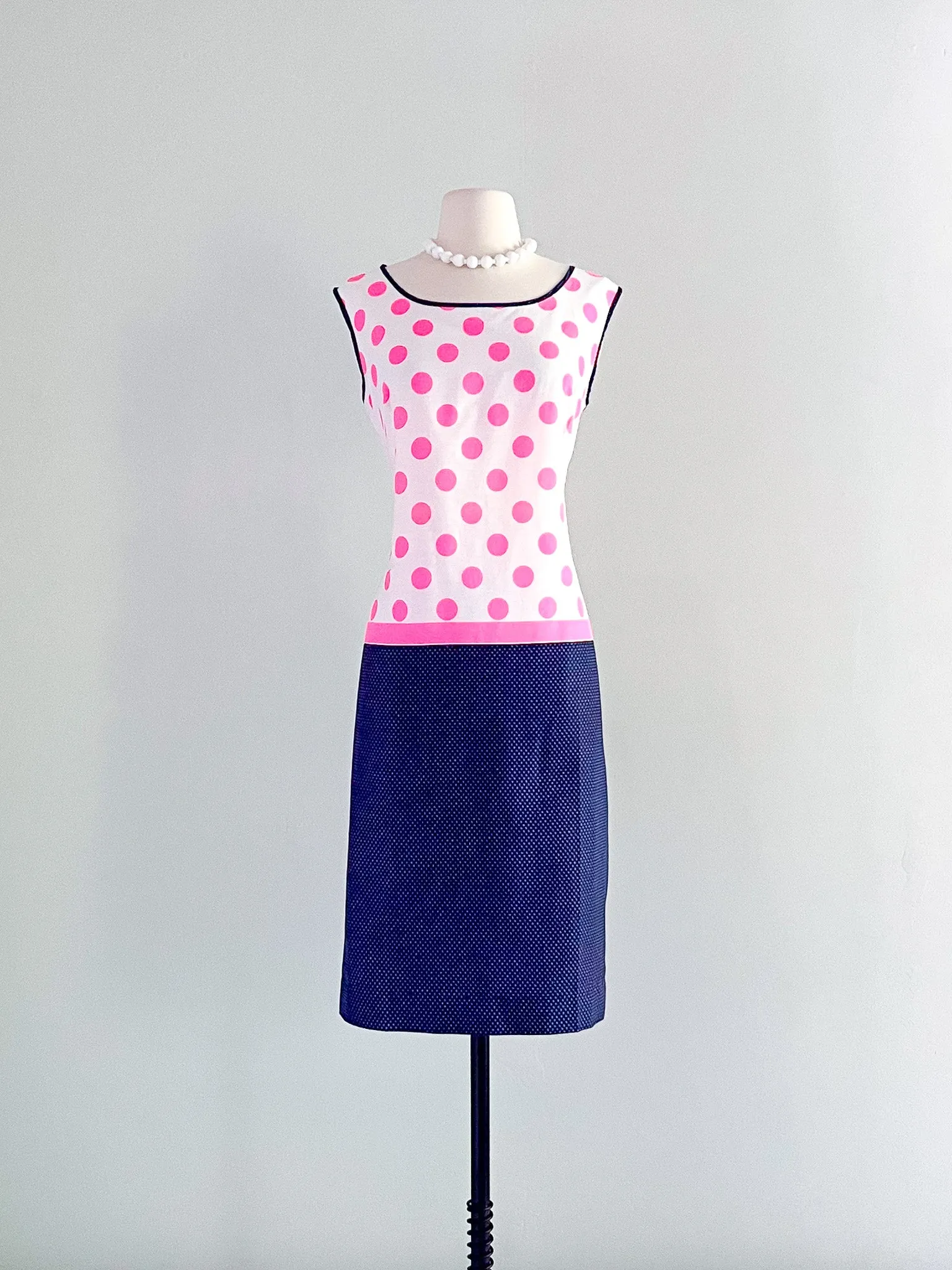 Amazing Hot Pink and Navy Polka Dot Cotton Shift Dress / Sz ML