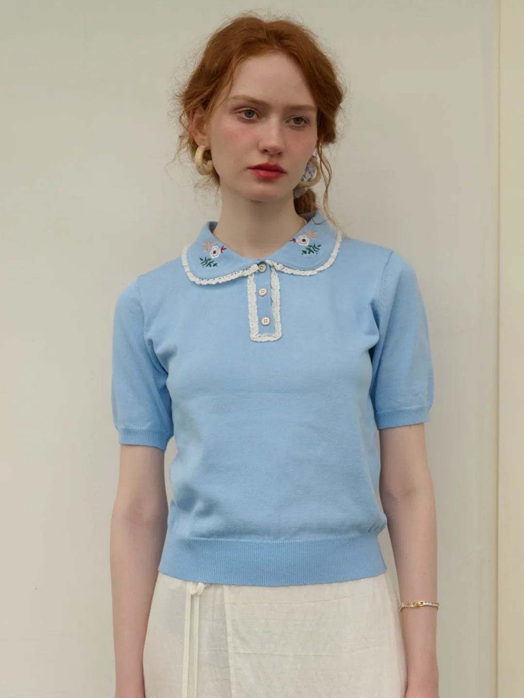 Amber Floral Embroidered Peter Pan Collar Contrast Lace Knit Blouse