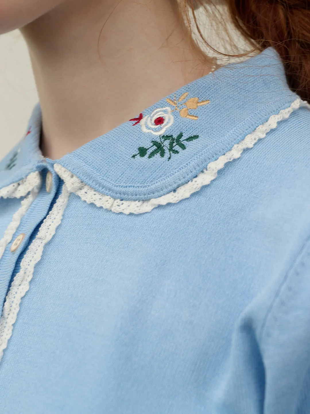 Amber Floral Embroidered Peter Pan Collar Contrast Lace Knit Blouse