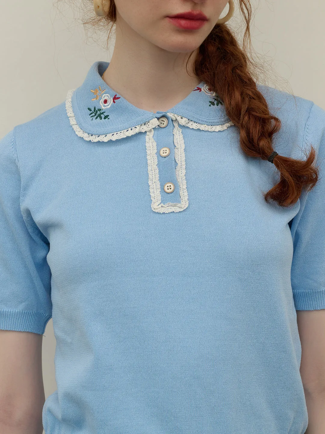 Amber Floral Embroidered Peter Pan Collar Contrast Lace Knit Blouse
