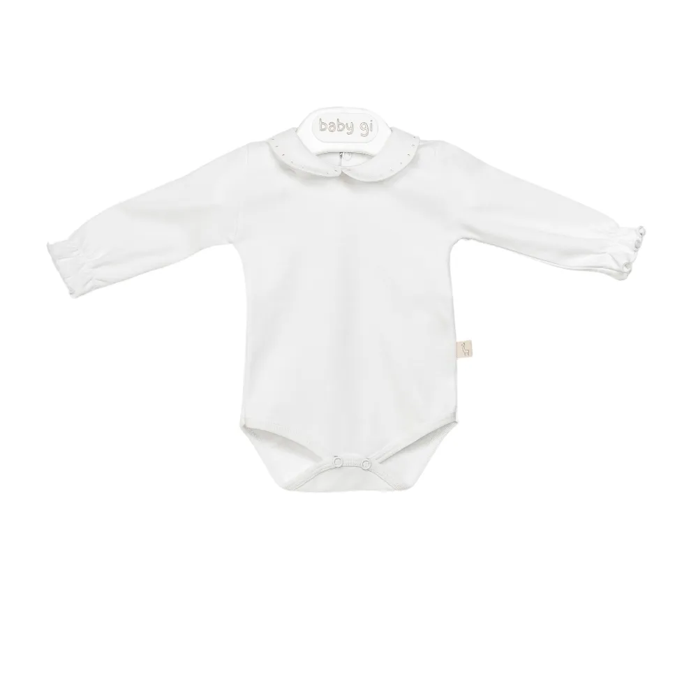 Baby Gi White Long Sleeved Bodysuit with Pink Polka Dot Collar