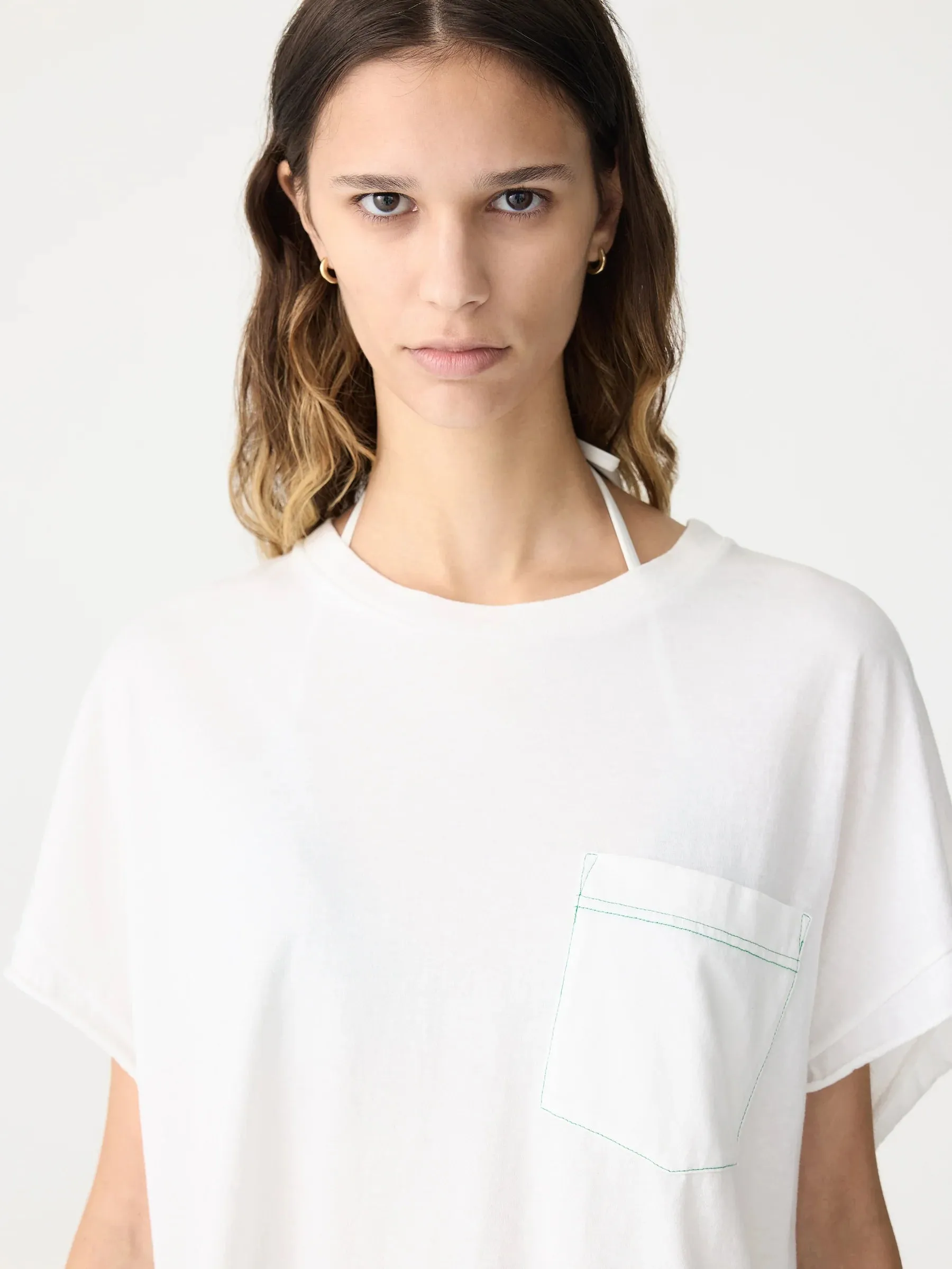 Bassike Boxy Pocket Detail Short Sleeve T-Shirt in White and Aloe Vera
