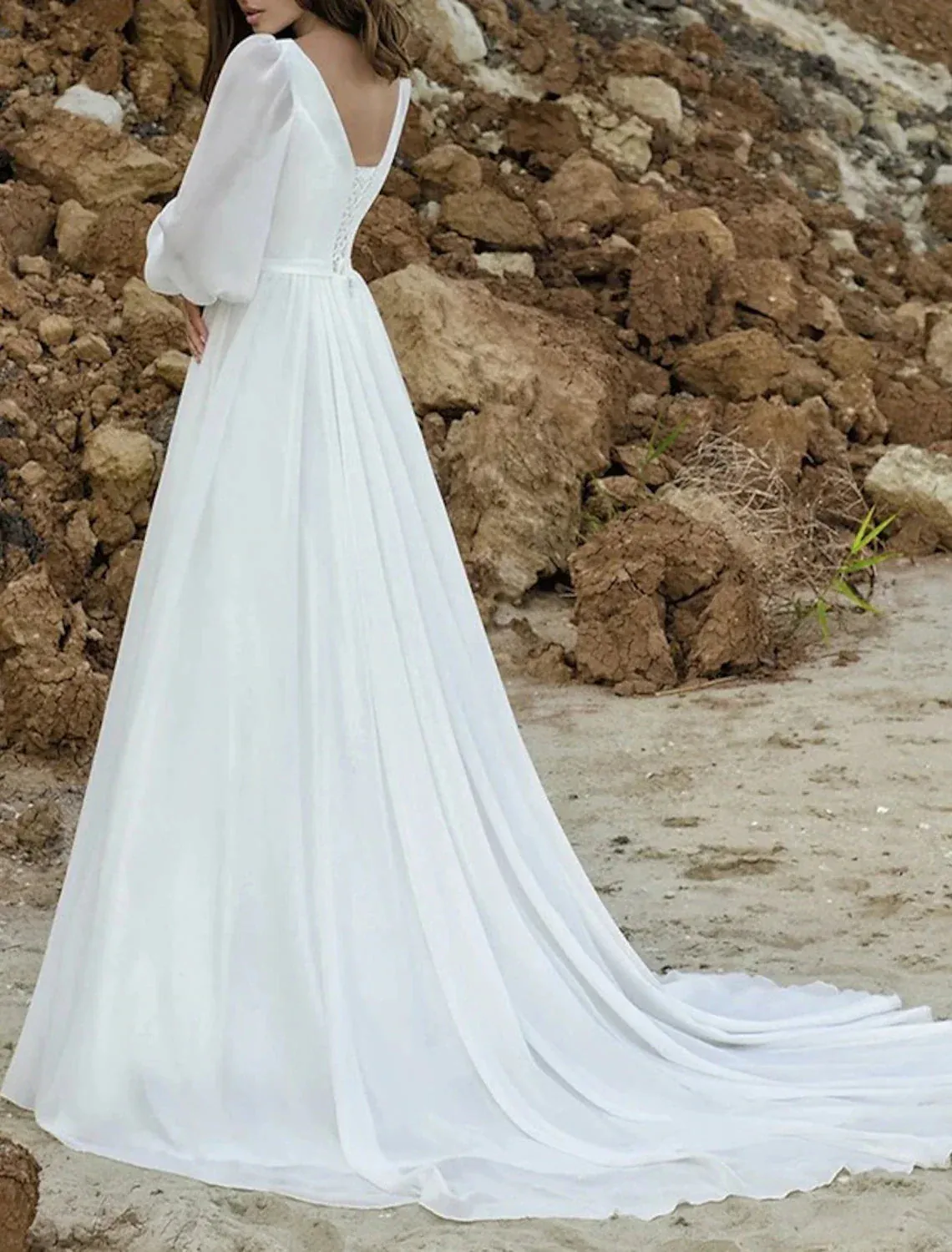 Beach Vintage 1940s / 1950s Wedding Dresses A-Line V Neck Long Sleeve Court Train Chiffon Bridal Gowns