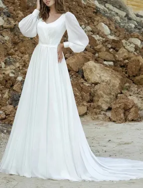Beach Vintage 1940s / 1950s Wedding Dresses A-Line V Neck Long Sleeve Court Train Chiffon Bridal Gowns