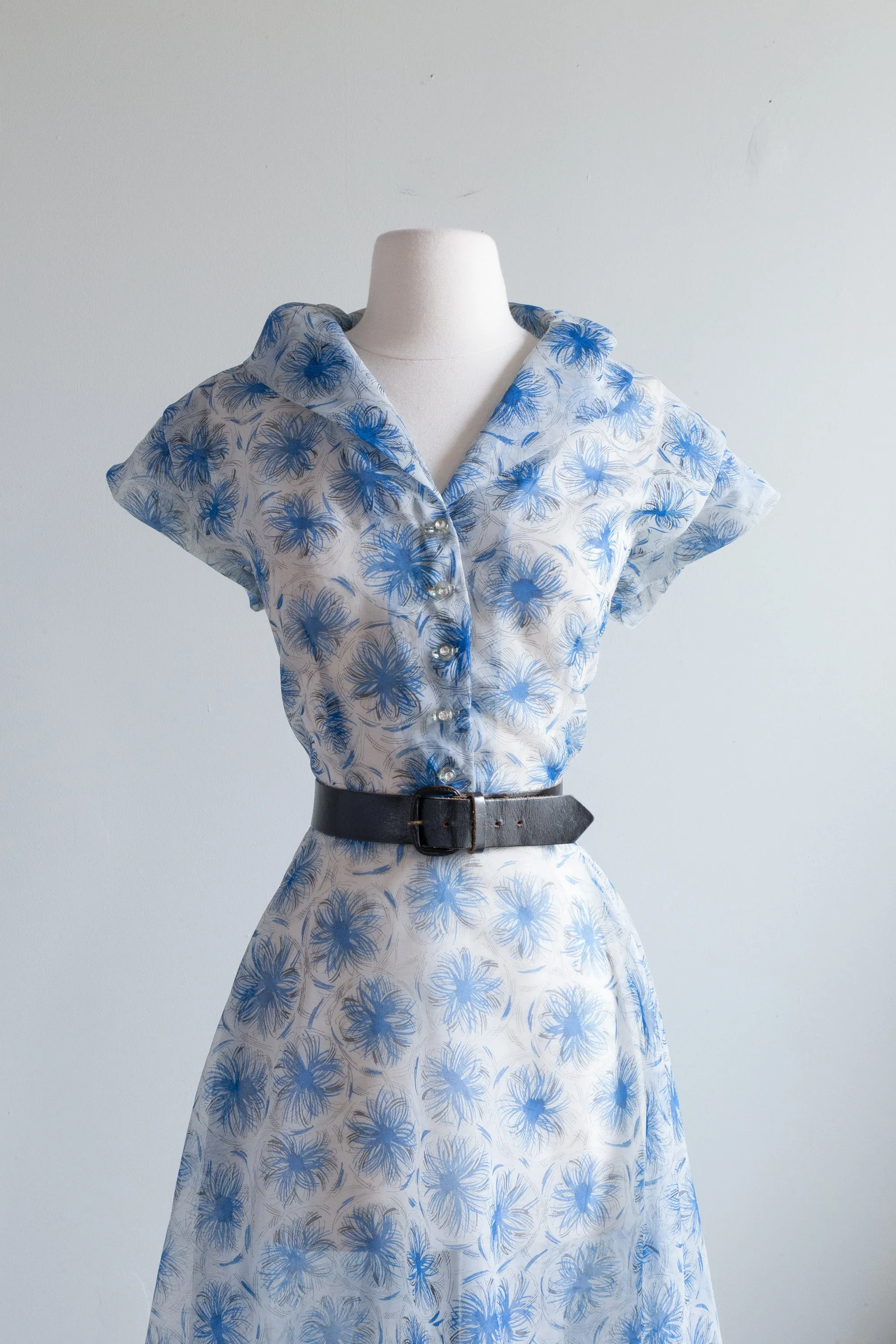 Beautiful 1950's Sheer Blue Floral Day Dress With Rhinestone Buttons / Large