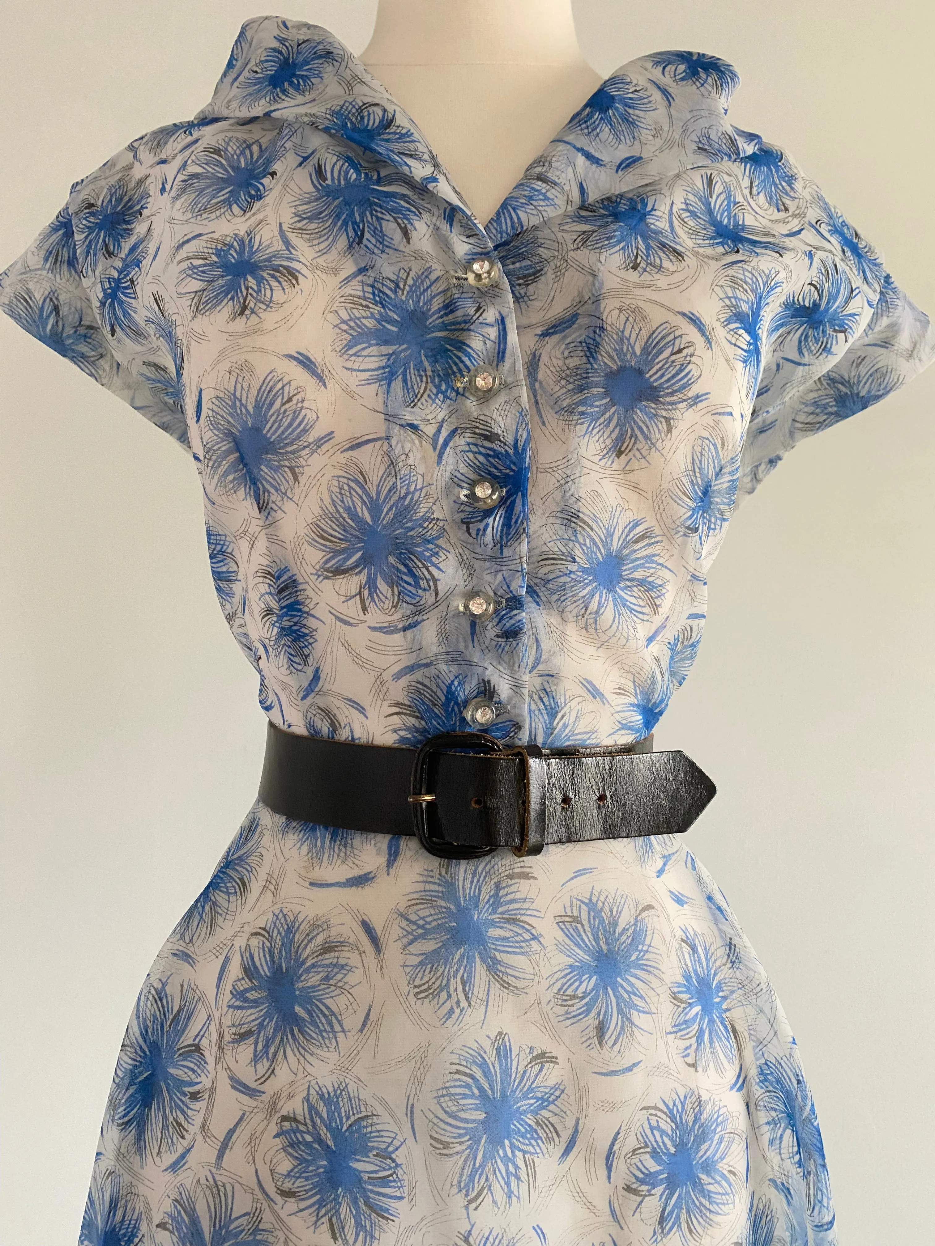 Beautiful 1950's Sheer Blue Floral Day Dress With Rhinestone Buttons / Large