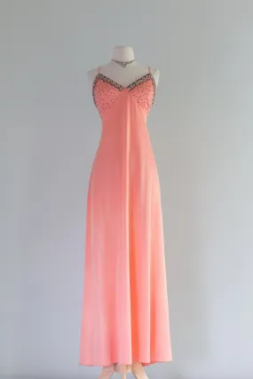 Beautiful 1970's Peaches n' Cream Beaded Evening Gown By Jack Bryan / ML