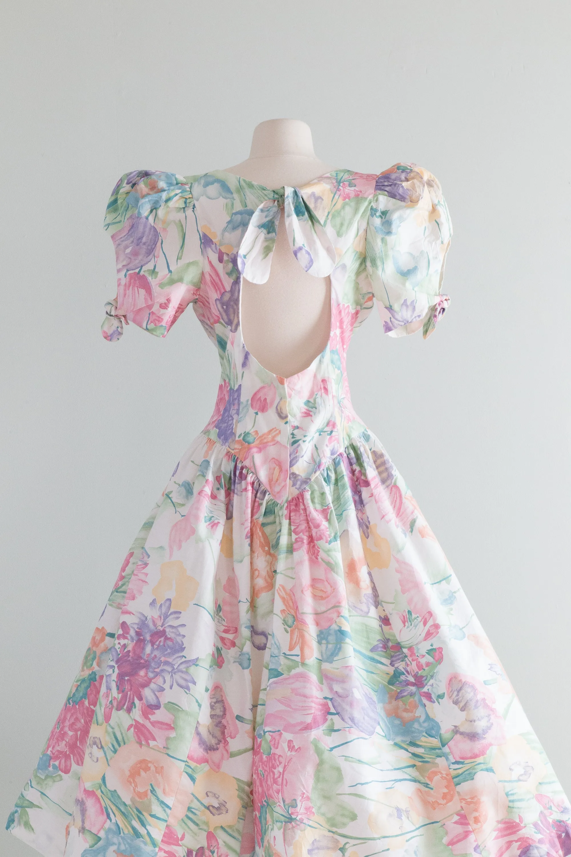 Beautiful 1980's Pastel Cotton Floral Dress With Open Back / Medium