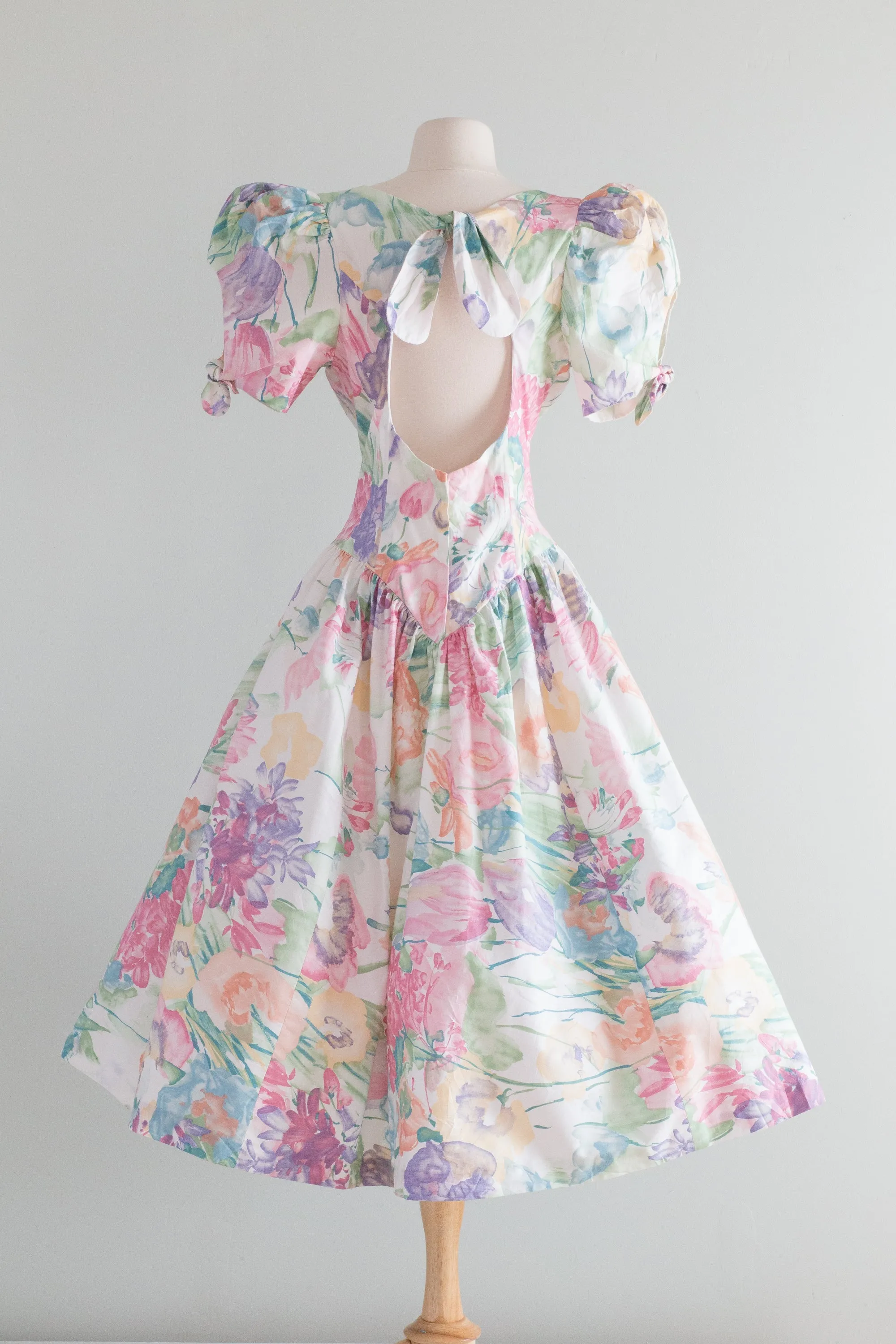 Beautiful 1980's Pastel Cotton Floral Dress With Open Back / Medium