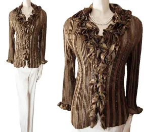 BEAUTIFUL ROMANTIC CRYSTAL PLEATED SEQUIN RUFFLE EVENING BLOUSE IN GOLDEN BRONZE - NEW - PERFECT FOR THE HOLIDAYS