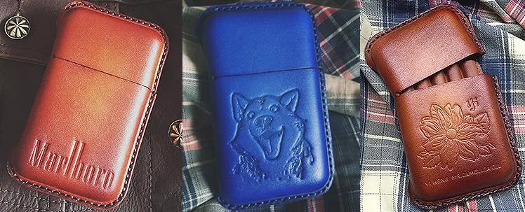 Beige Leather Mens Engraved Carp Cigarette Holder Case Vintage Custom Cigarette Case for Men