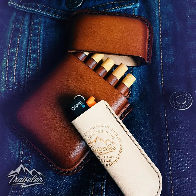 Beige Leather Mens Engraved Carp Cigarette Holder Case Vintage Custom Cigarette Case for Men