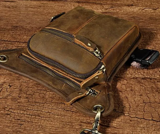 Biker Mens Leather Drop Leg Bag Waist Bag Side Bags Belt Pouch Pack for Men