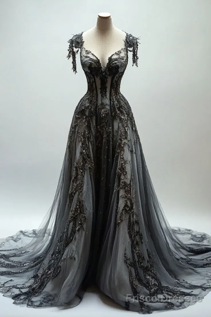 Black A-Line V-Neck Lace Tulle Sequin Long Prom Dress, Black Vintage Formal Dress