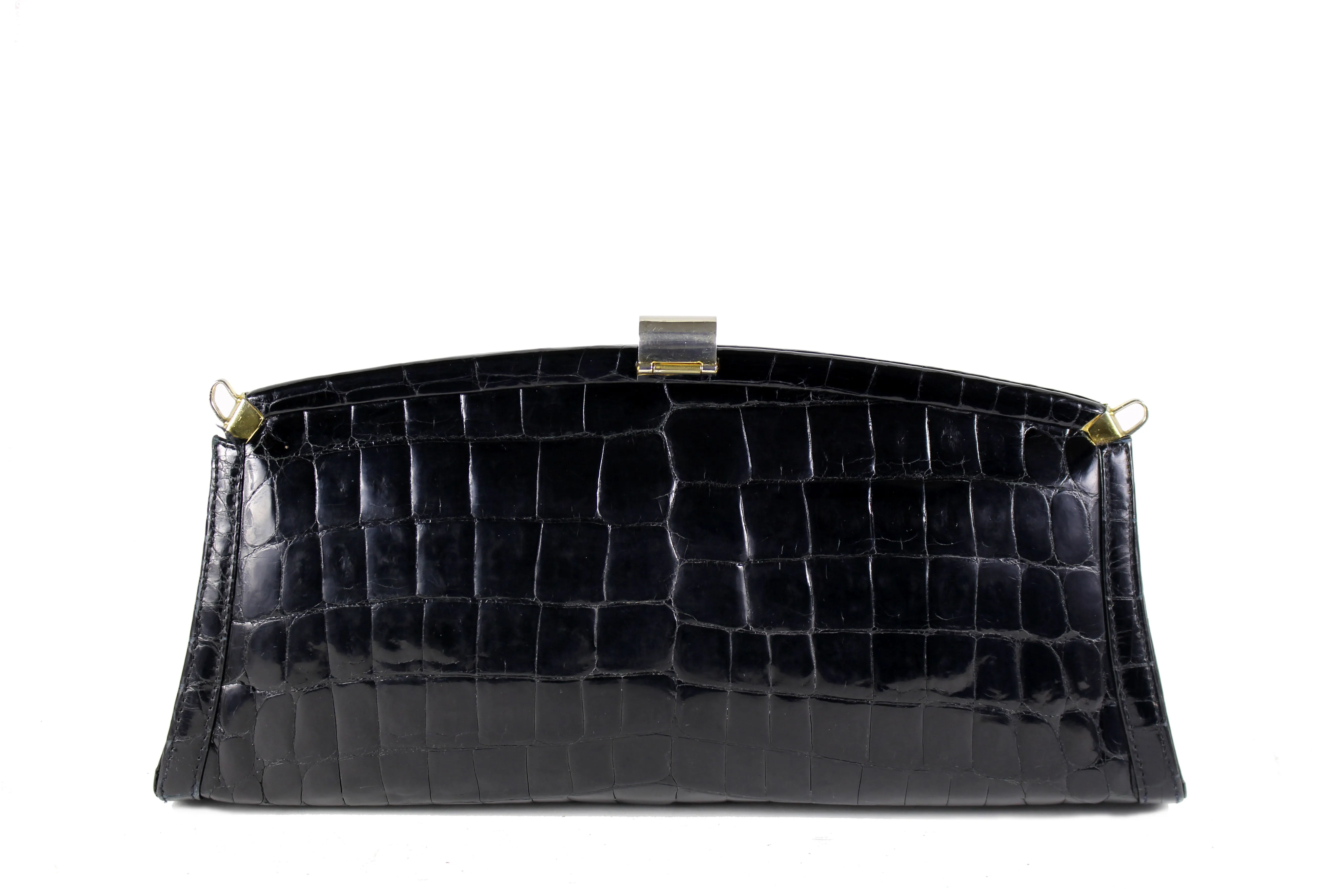 Black crocodile skin clutch with decorative brooch