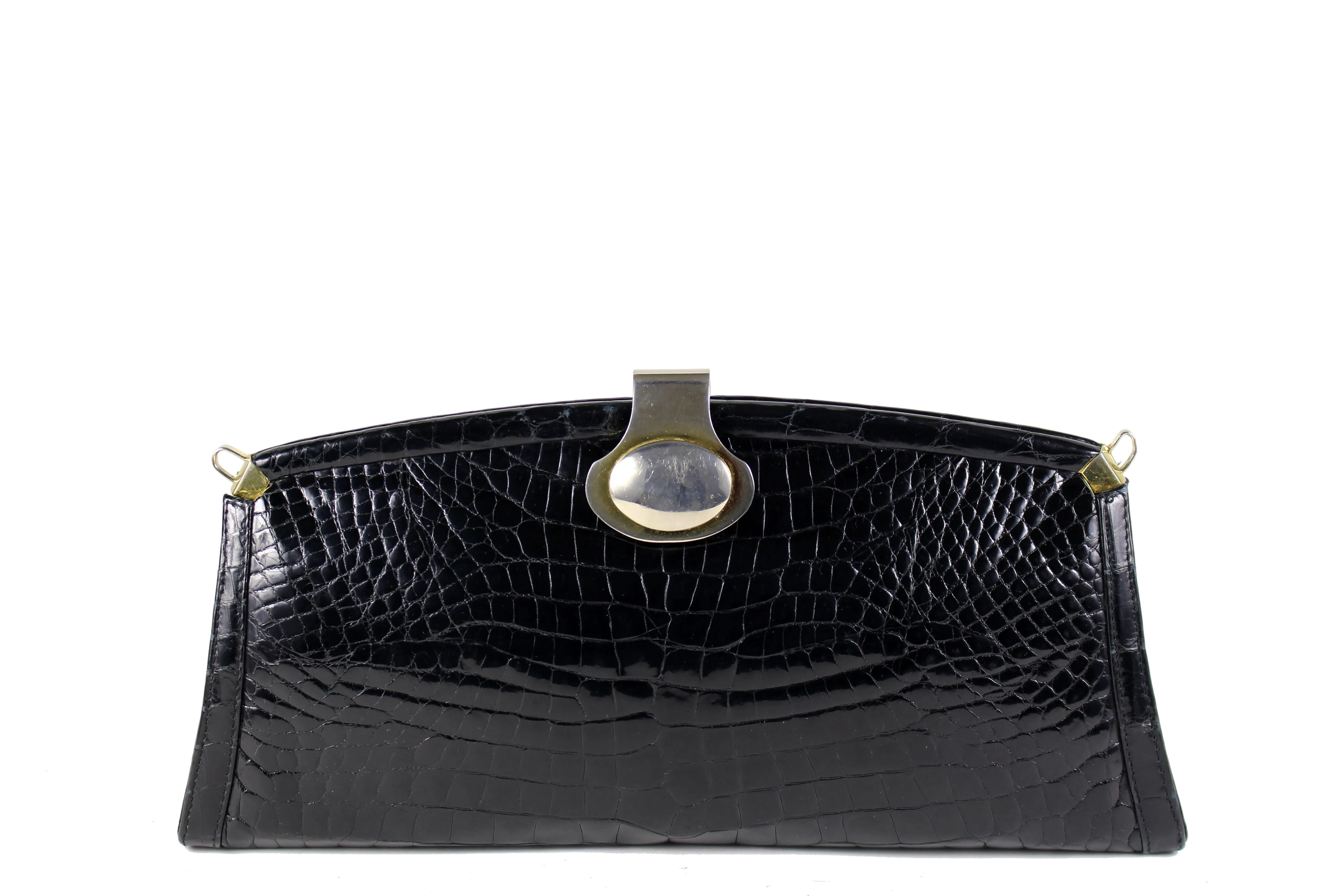 Black crocodile skin clutch with decorative brooch