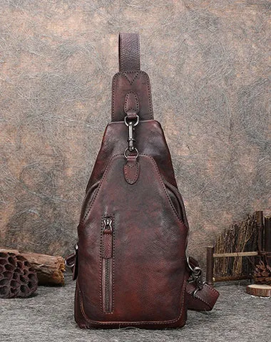 Black Gray Mens Sling Bag Vintage Leather Chest Bag Crossbody Pack for Men