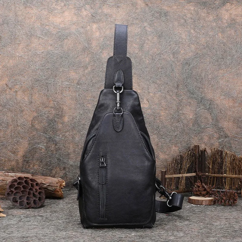 Black Gray Mens Sling Bag Vintage Leather Chest Bag Crossbody Pack for Men