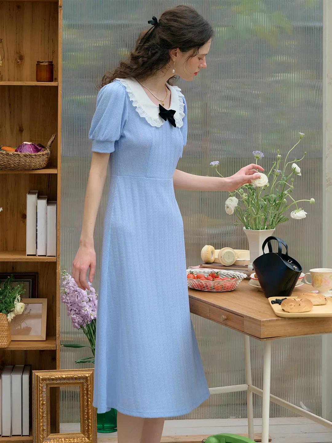 Bonnie Contrast Bow Lace Doll Neck Dress