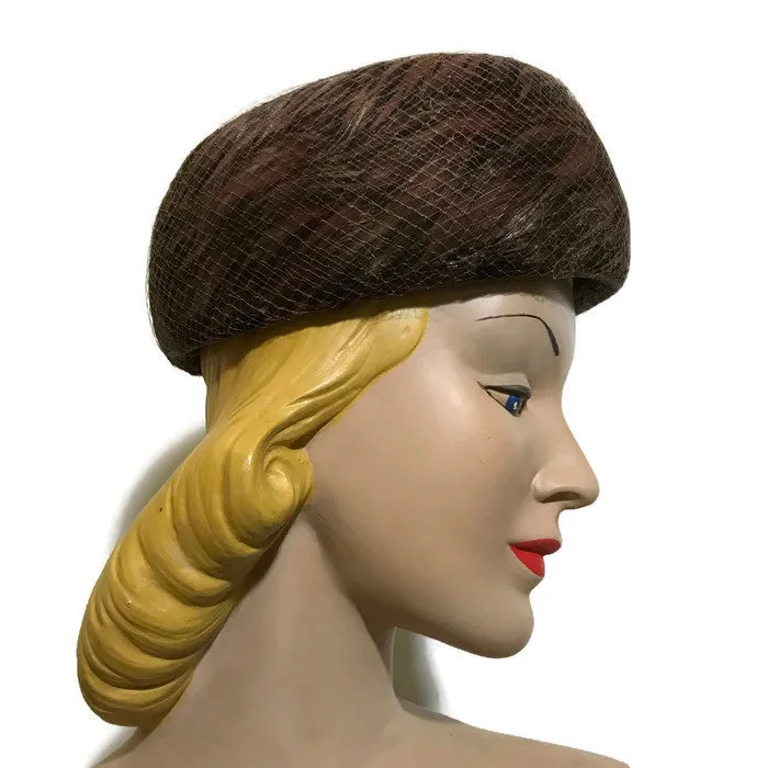 Bronze and Cocoa Swirled Feather Rounded Pill Box Hat circa 1960s