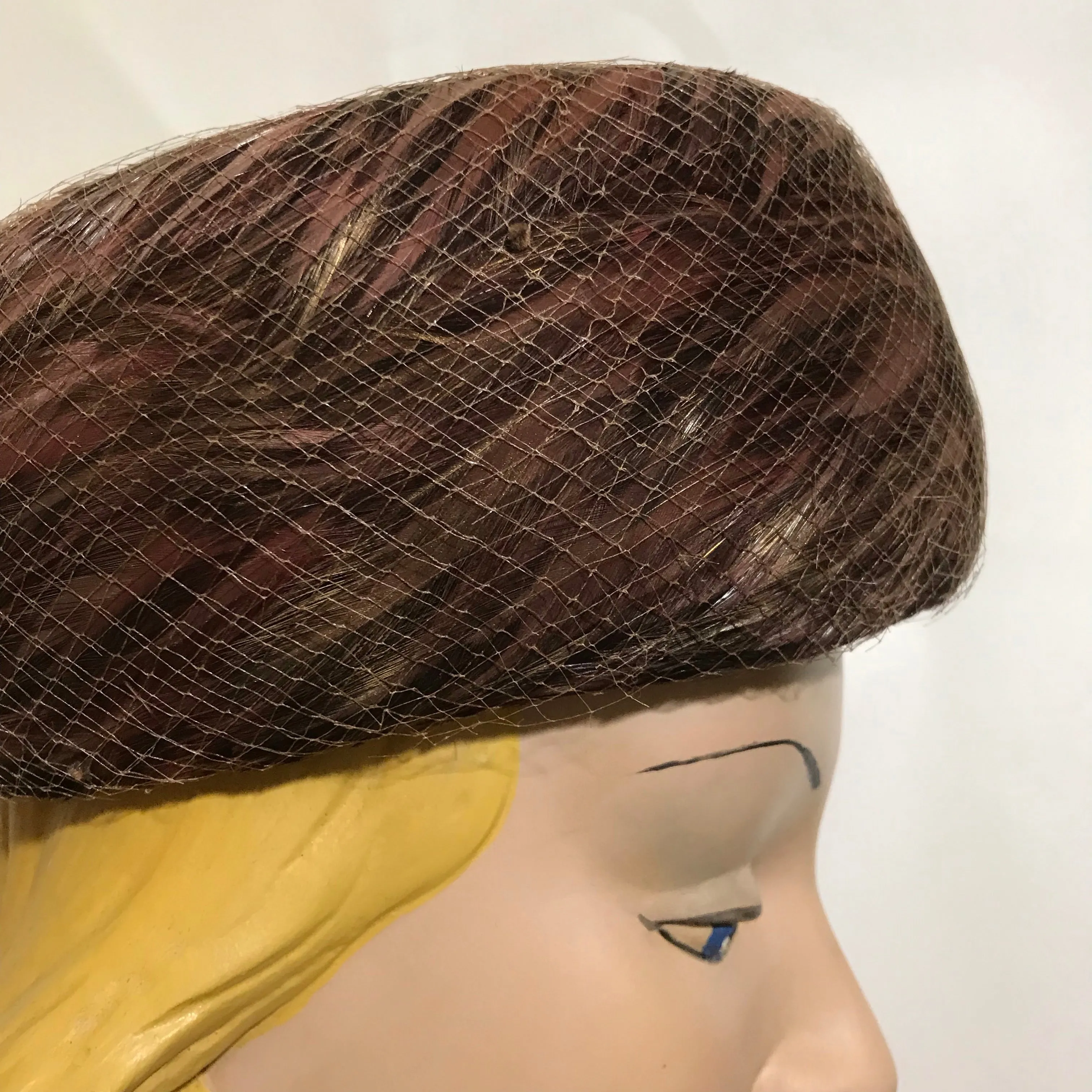 Bronze and Cocoa Swirled Feather Rounded Pill Box Hat circa 1960s