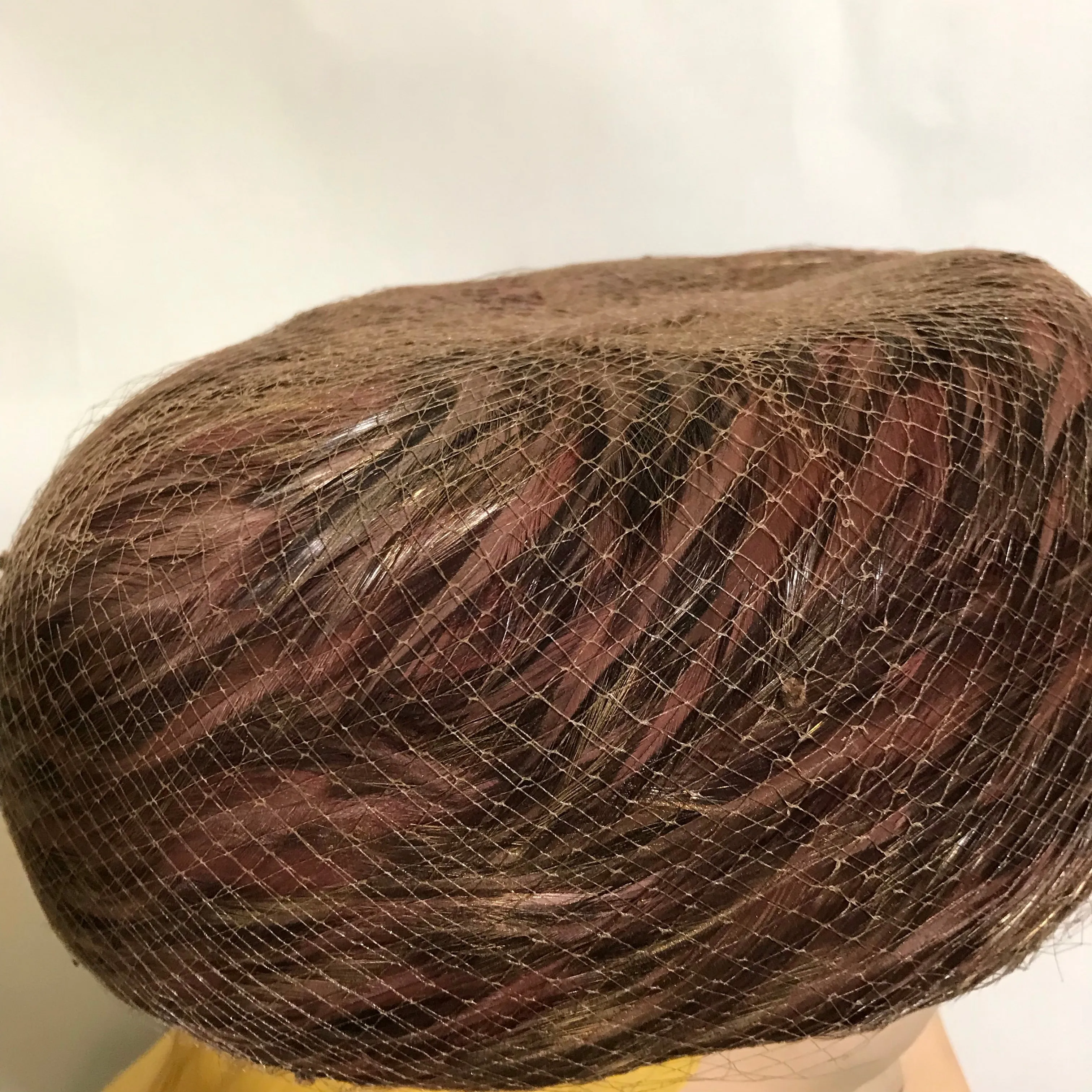 Bronze and Cocoa Swirled Feather Rounded Pill Box Hat circa 1960s
