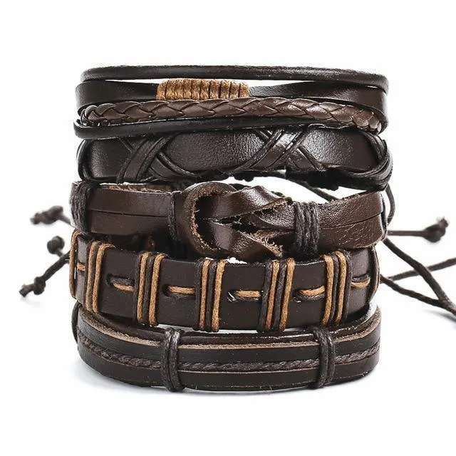 Brown Leather Wristbands Set Mens Braided Bracelets