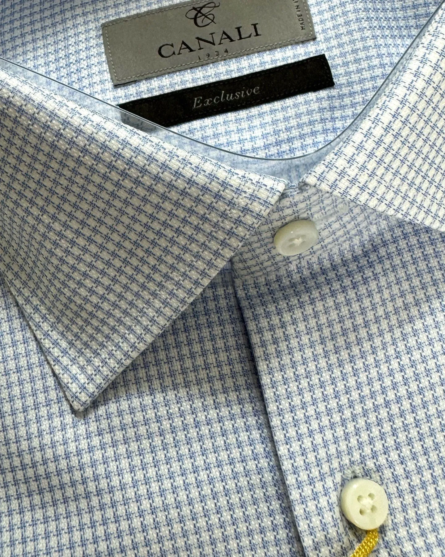 Canali Dress Shirt Exclusive White Blue Houndstooth - Modern Fit 39 - 15 1/2