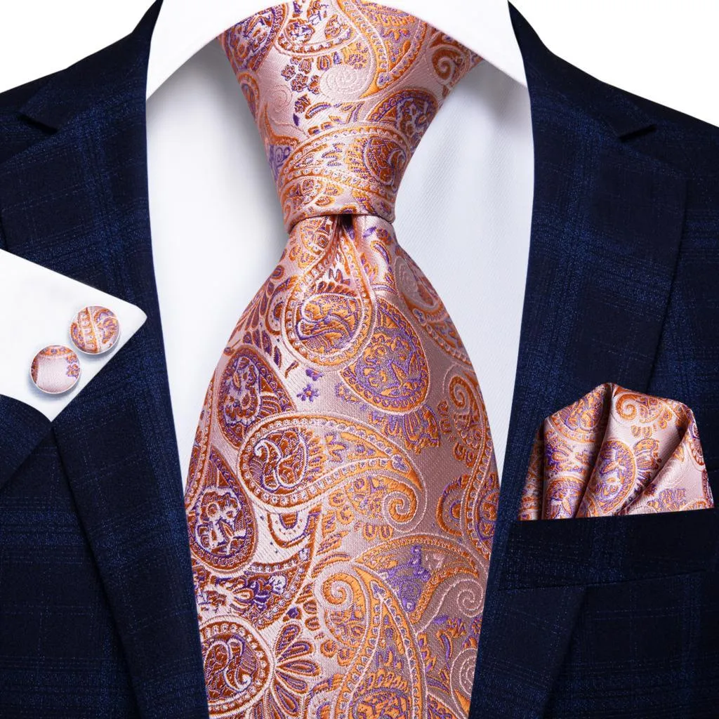 Champagne Gold Striped Paisley Solid Mens Silk Wedding Tie