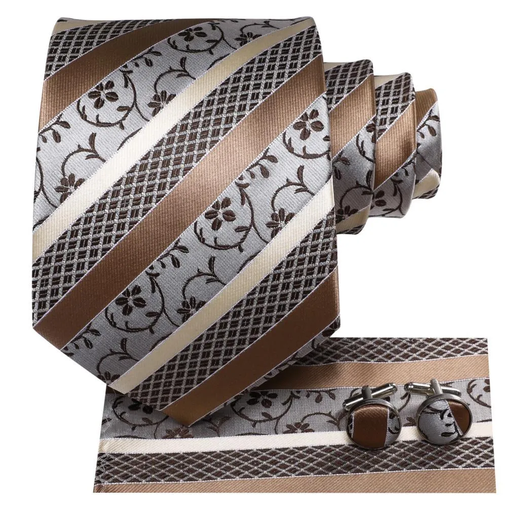Champagne Gold Striped Paisley Solid Mens Silk Wedding Tie