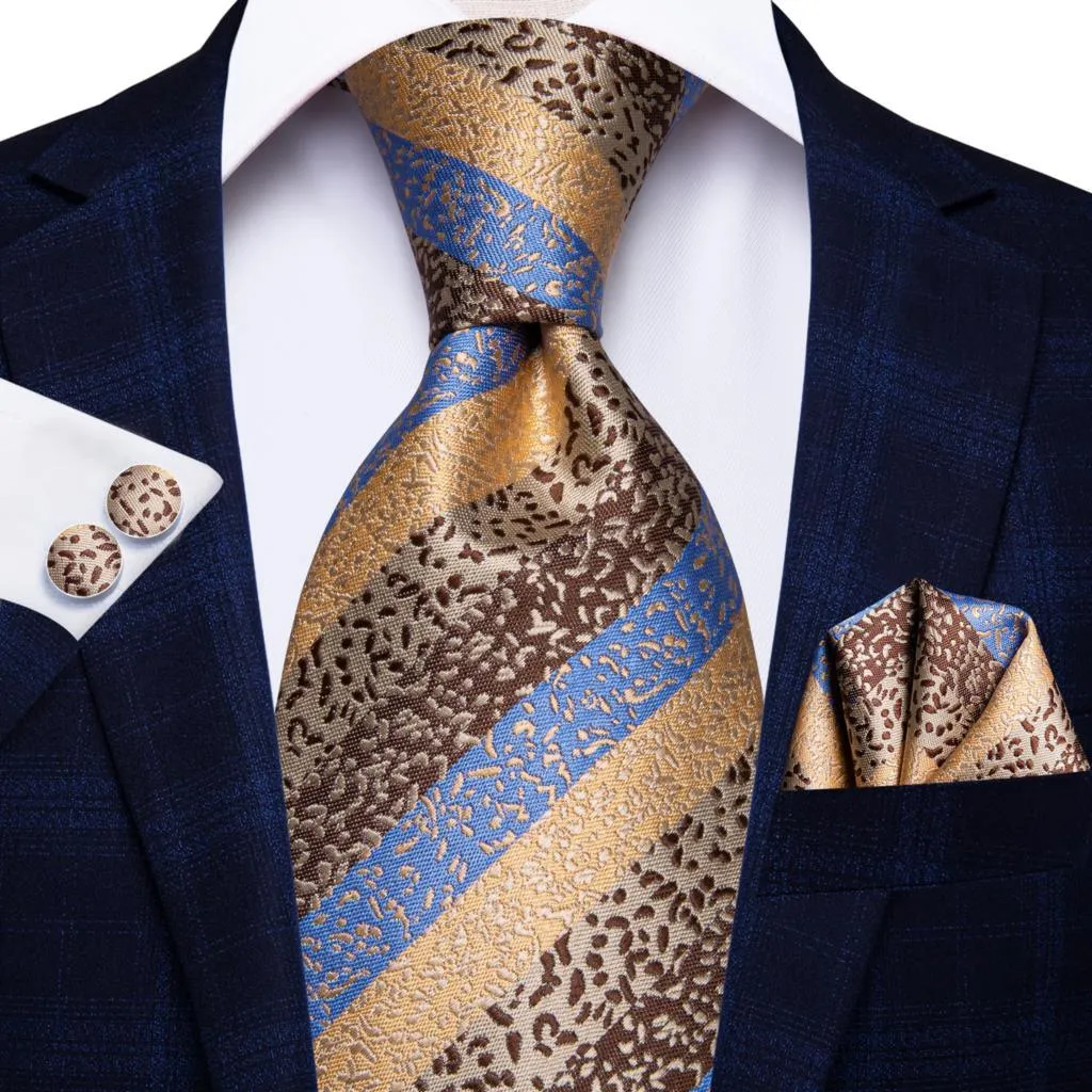 Champagne Gold Striped Paisley Solid Mens Silk Wedding Tie