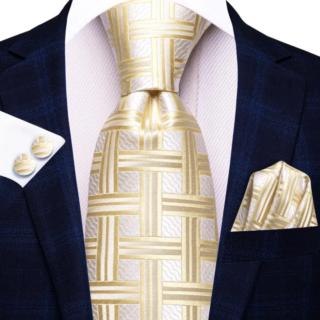 Champagne Gold Striped Paisley Solid Mens Silk Wedding Tie