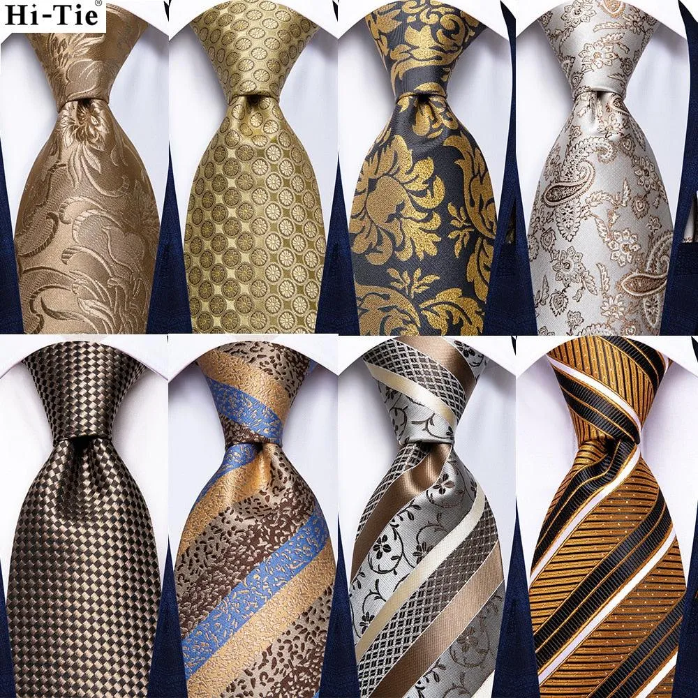 Champagne Gold Striped Paisley Solid Mens Silk Wedding Tie