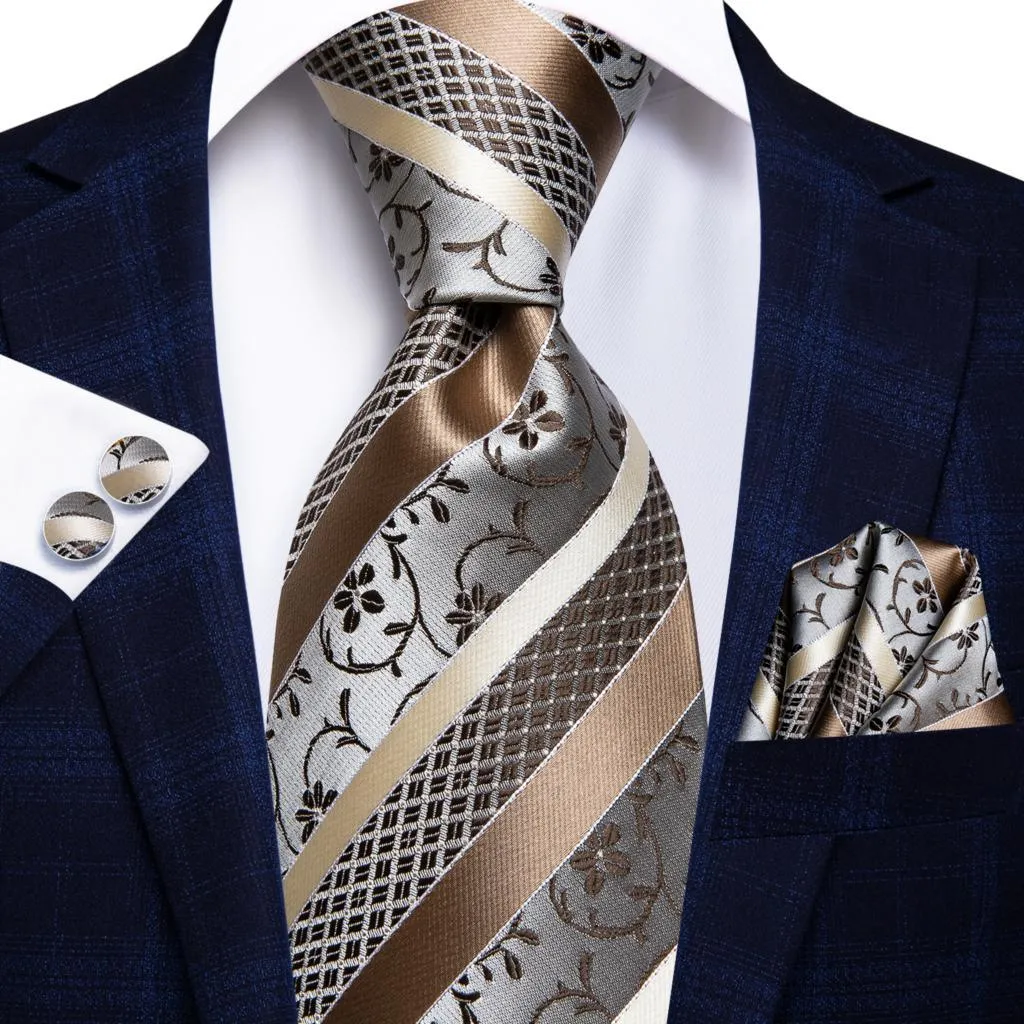 Champagne Gold Striped Paisley Solid Mens Silk Wedding Tie