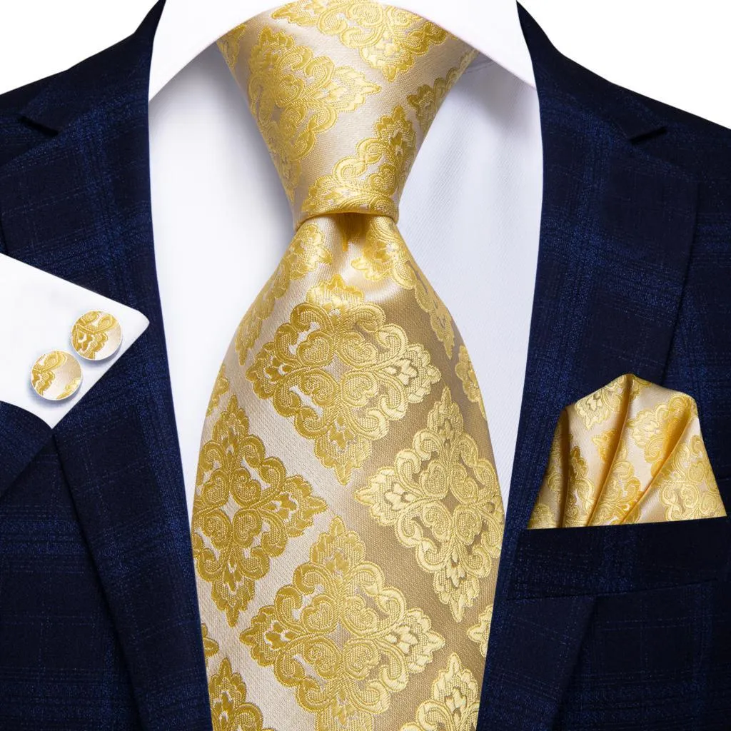 Champagne Gold Striped Paisley Solid Mens Silk Wedding Tie