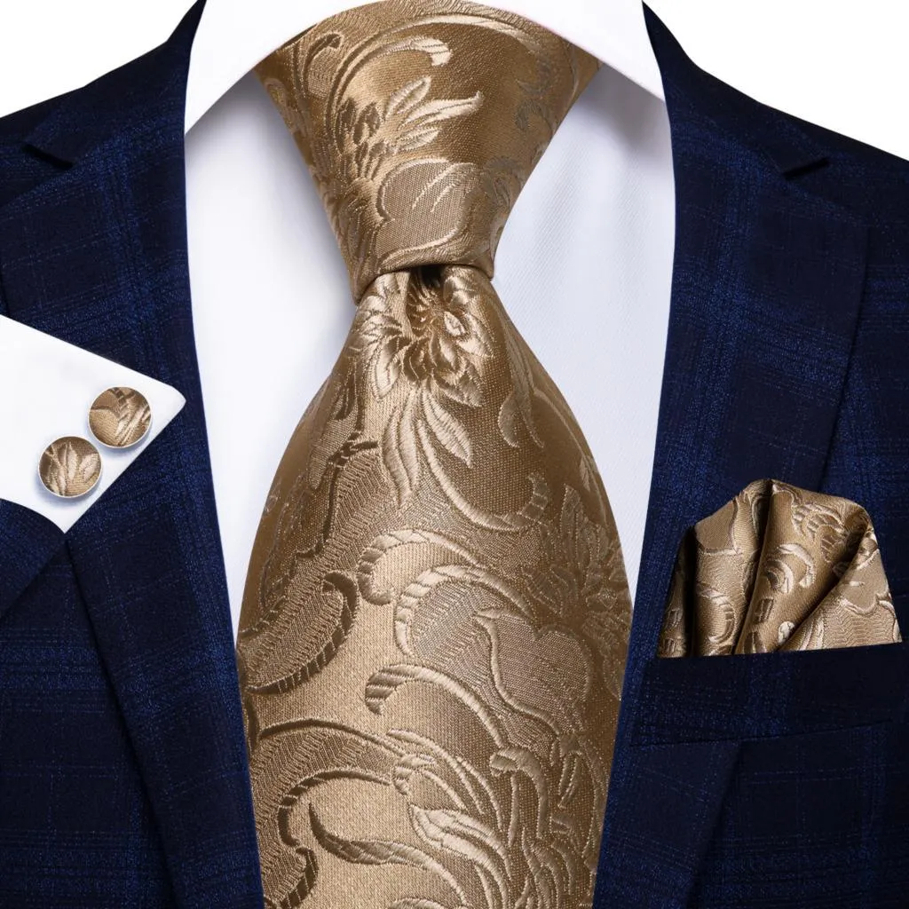 Champagne Gold Striped Paisley Solid Mens Silk Wedding Tie