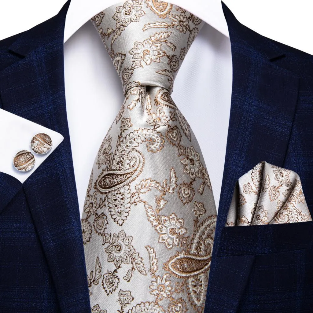 Champagne Gold Striped Paisley Solid Mens Silk Wedding Tie