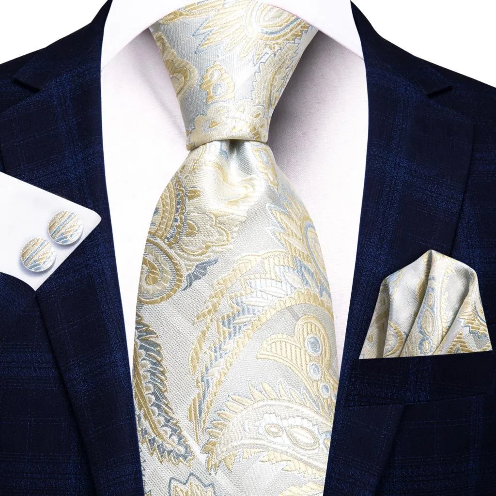 Champagne Gold Striped Paisley Solid Mens Silk Wedding Tie