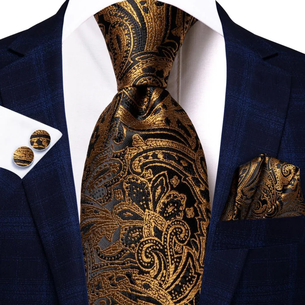 Champagne Gold Striped Paisley Solid Mens Silk Wedding Tie