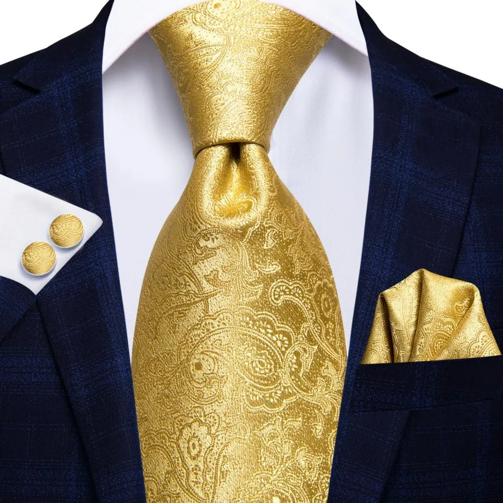 Champagne Gold Striped Paisley Solid Mens Silk Wedding Tie