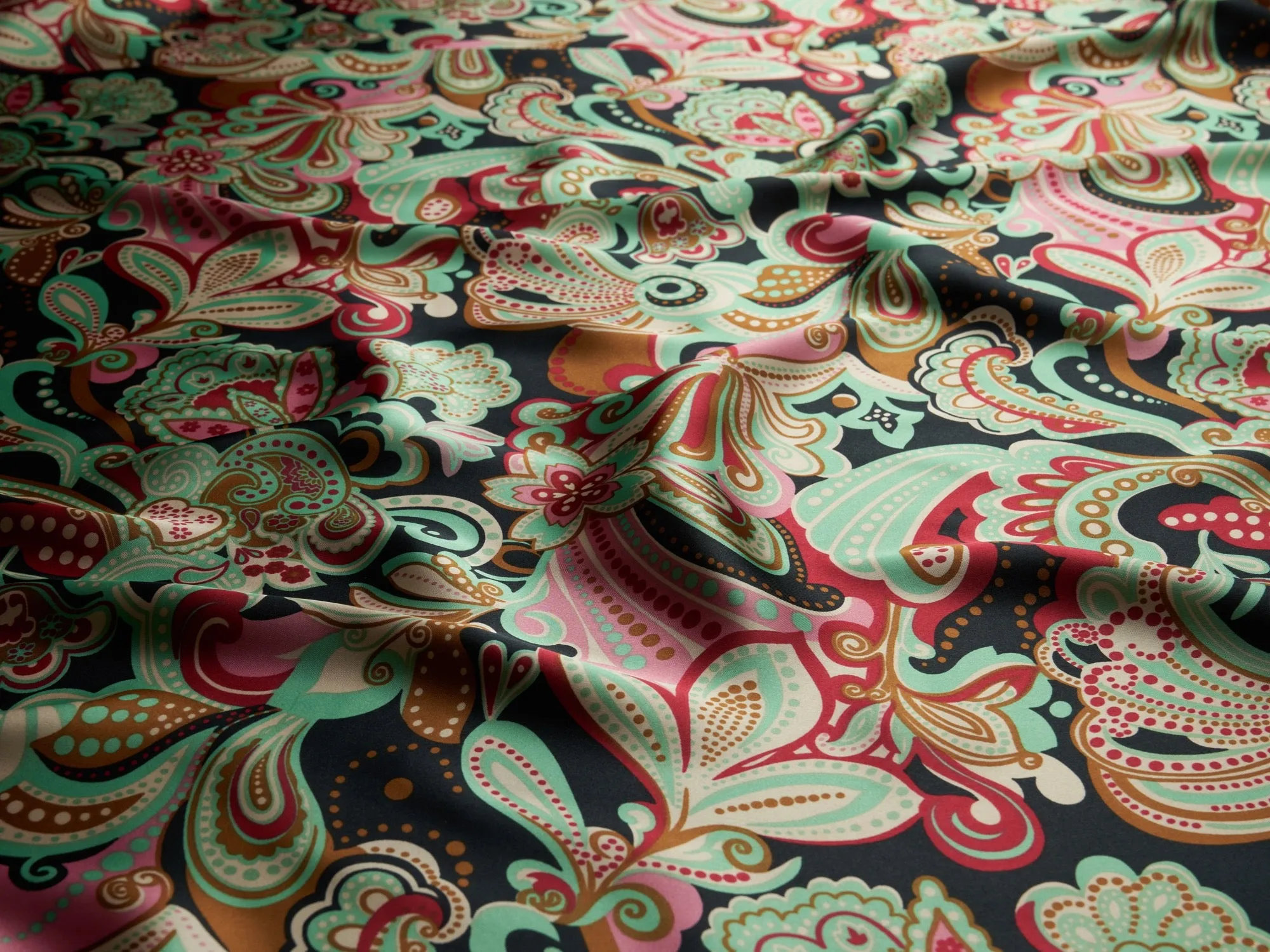 Charmeuse silky satin fabric by the yard -  Black teal paisley print