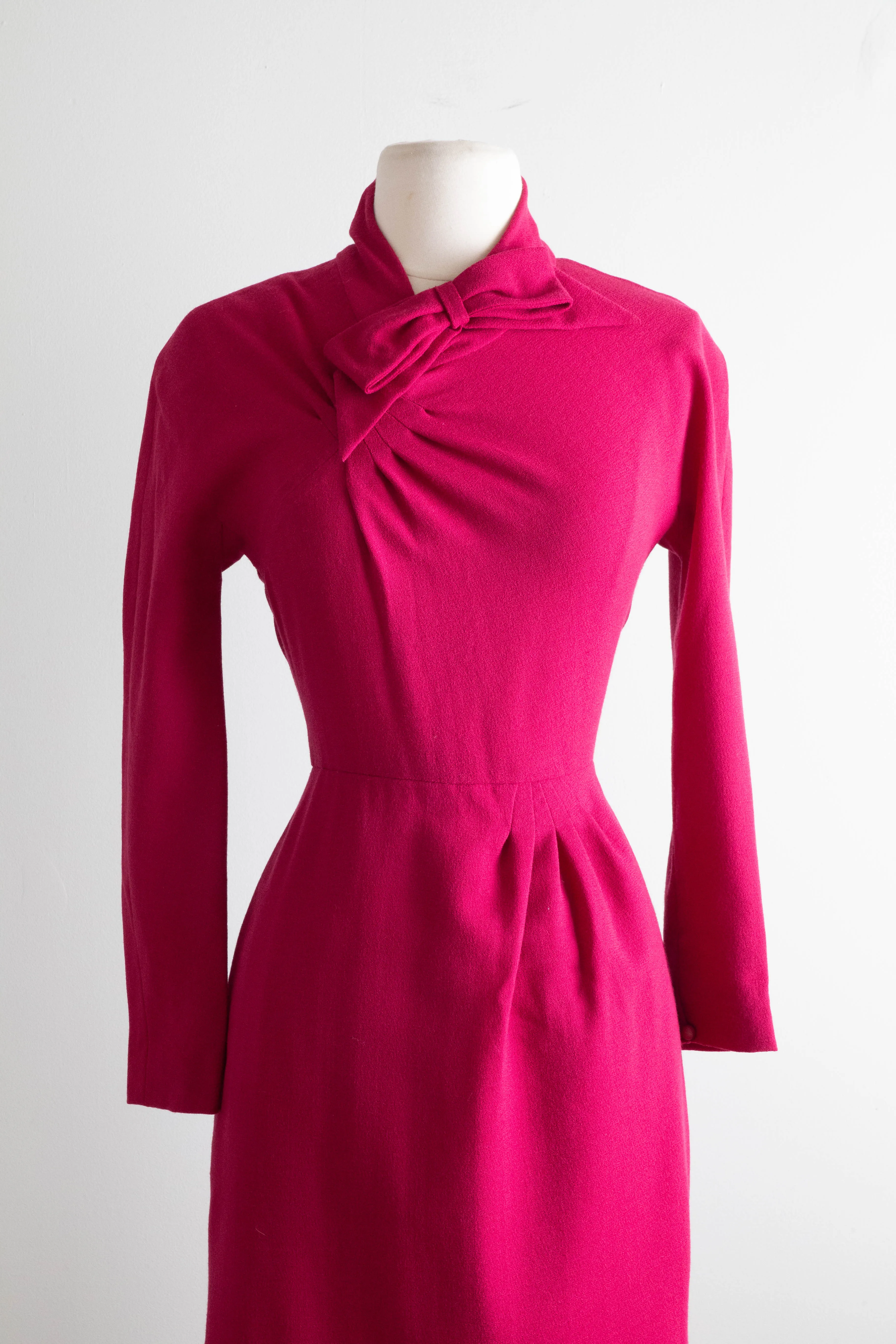 Chic 1970's Nina Ricci Azalea Pink Wool Crepe 1940's Style Dress / XS