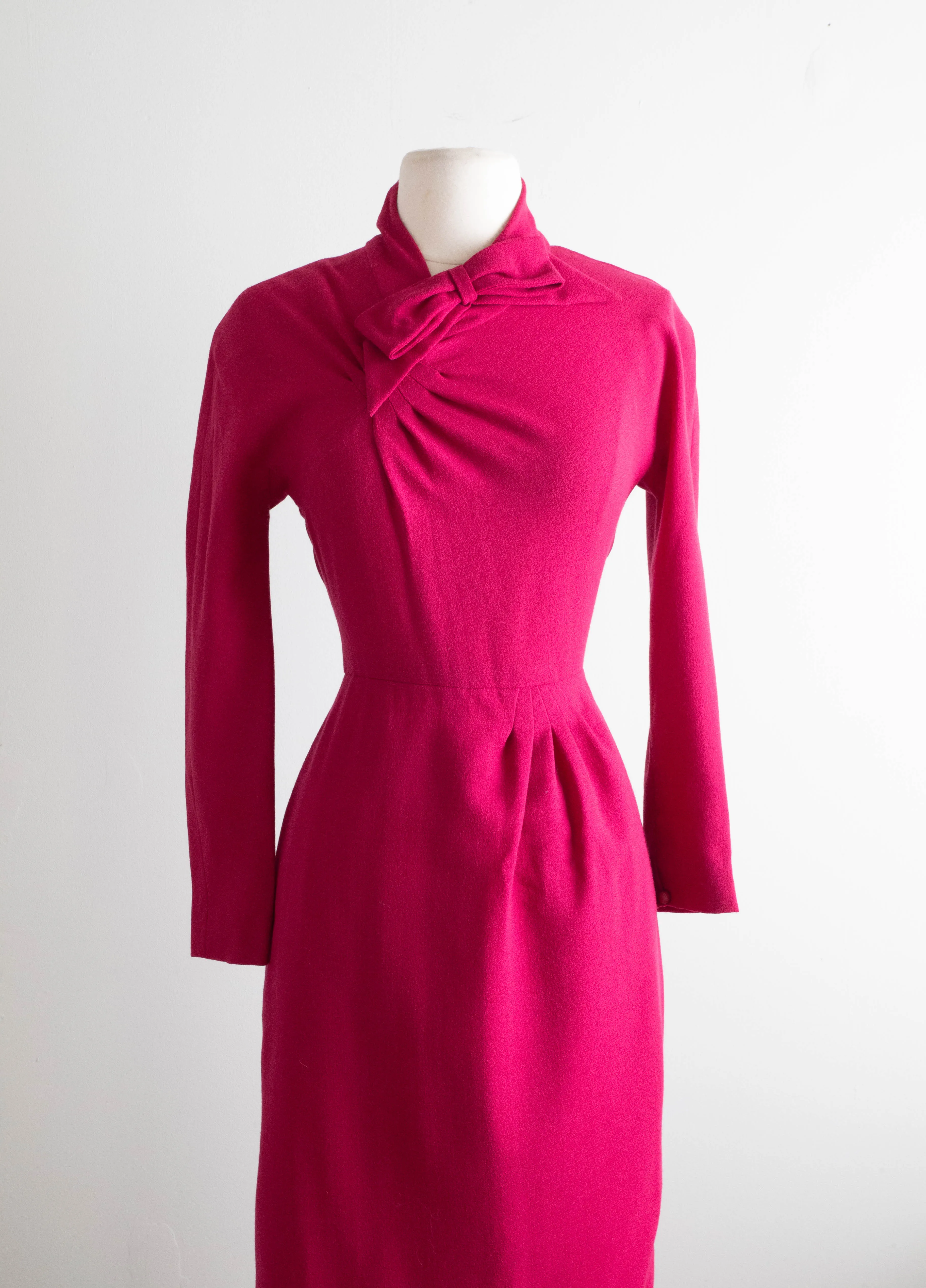 Chic 1970's Nina Ricci Azalea Pink Wool Crepe 1940's Style Dress / XS