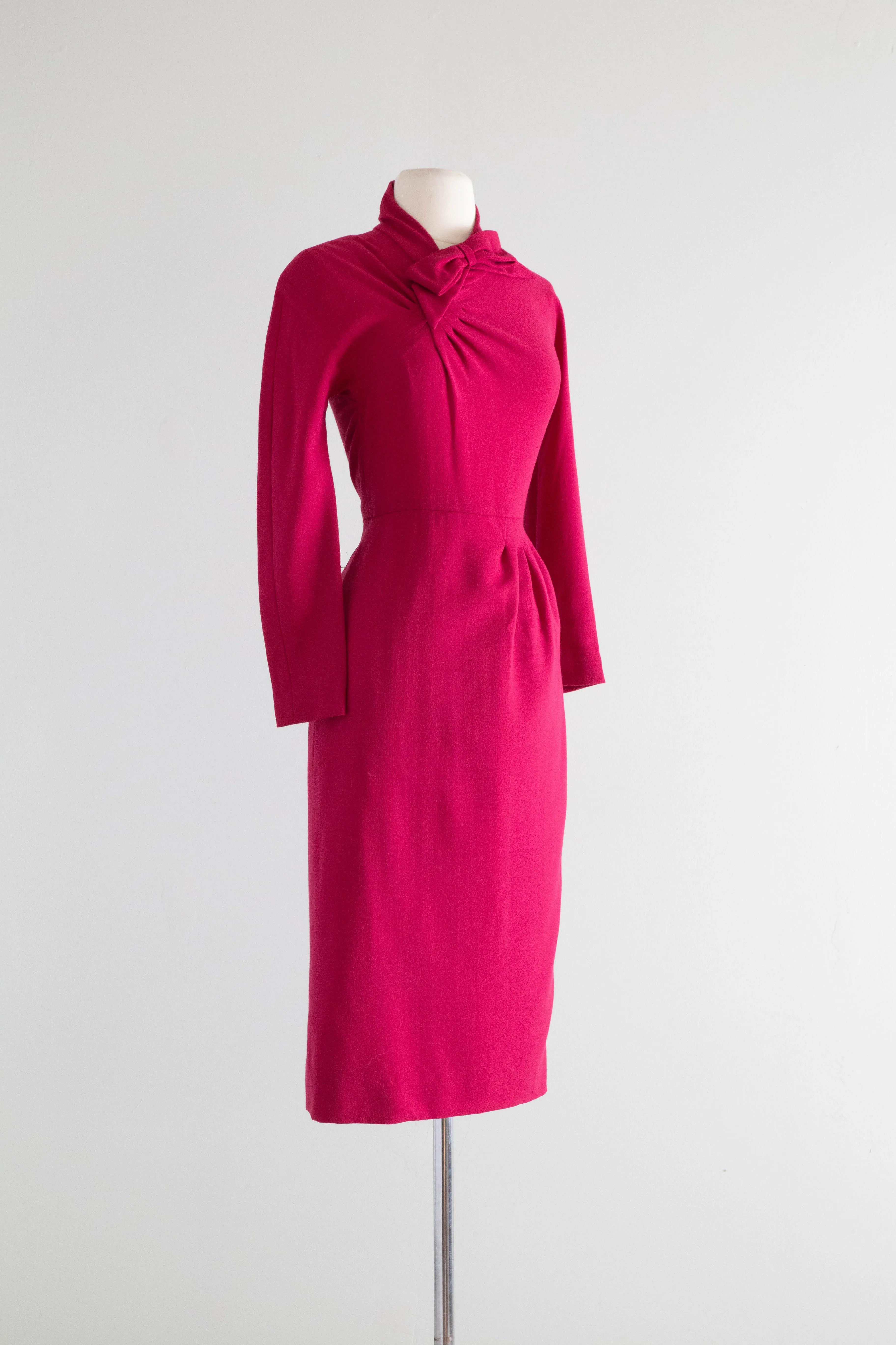 Chic 1970's Nina Ricci Azalea Pink Wool Crepe 1940's Style Dress / XS